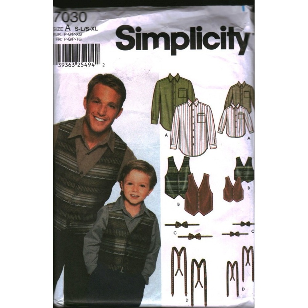 Simplicity 7030 Mens Boys Shirt Vest Bow Tie Suspenders Sewing Pattern Size S-XL